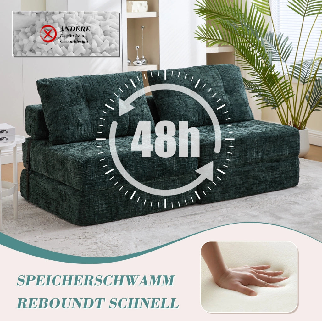 Sofà letto pieghevole in chenille verde smeraldo 79x79x57 cm; con cuscini