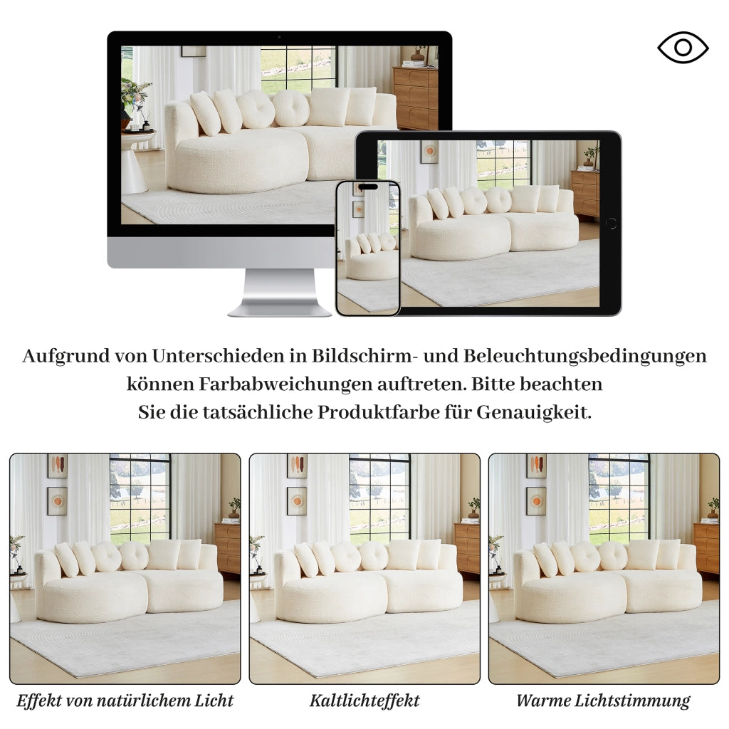 Divano modulare curvo in ciniglia beige con schienale continuo e set di 6 cuscini per soggiorno e sala giochi