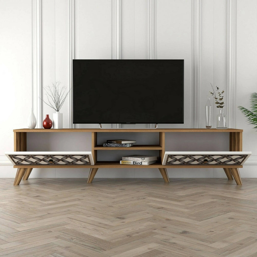 Mobile porta TV Teia, Credenza da soggiorno, Armadio basso per TV, Base parete attrezzata, 180x35h44 cm, Noce e Bianco
