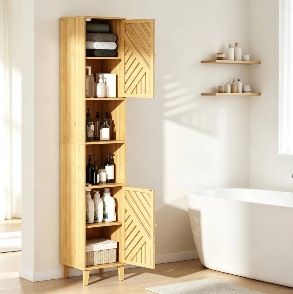 Mobile angolare alto per bagno in bambù e pannello truciolare con ripiani regolabili salvaspazio