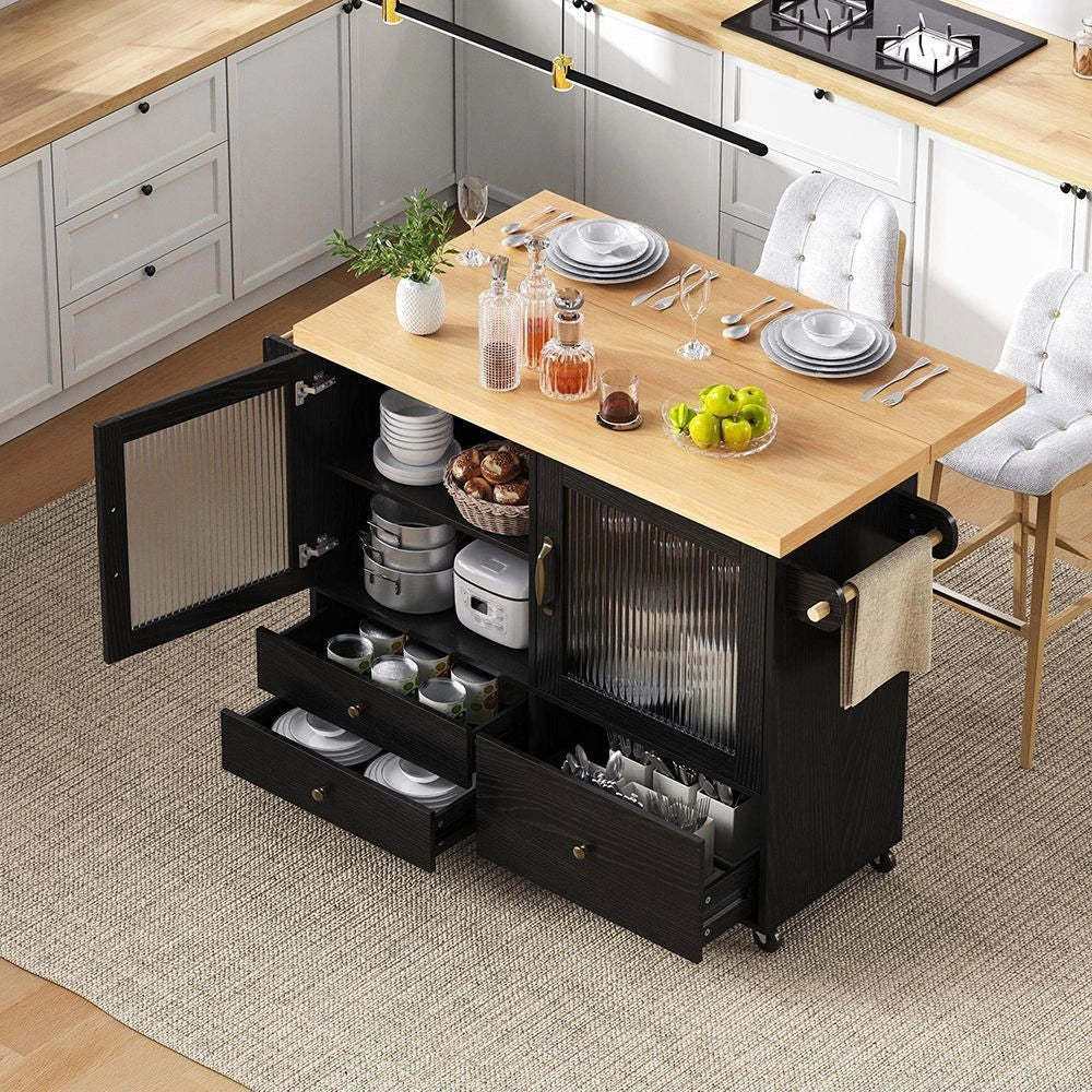 Isola da cucina mobile - Xylo - con ruote e tavolo allungabile, porta bicchieri e spazio di stoccaggio, nero