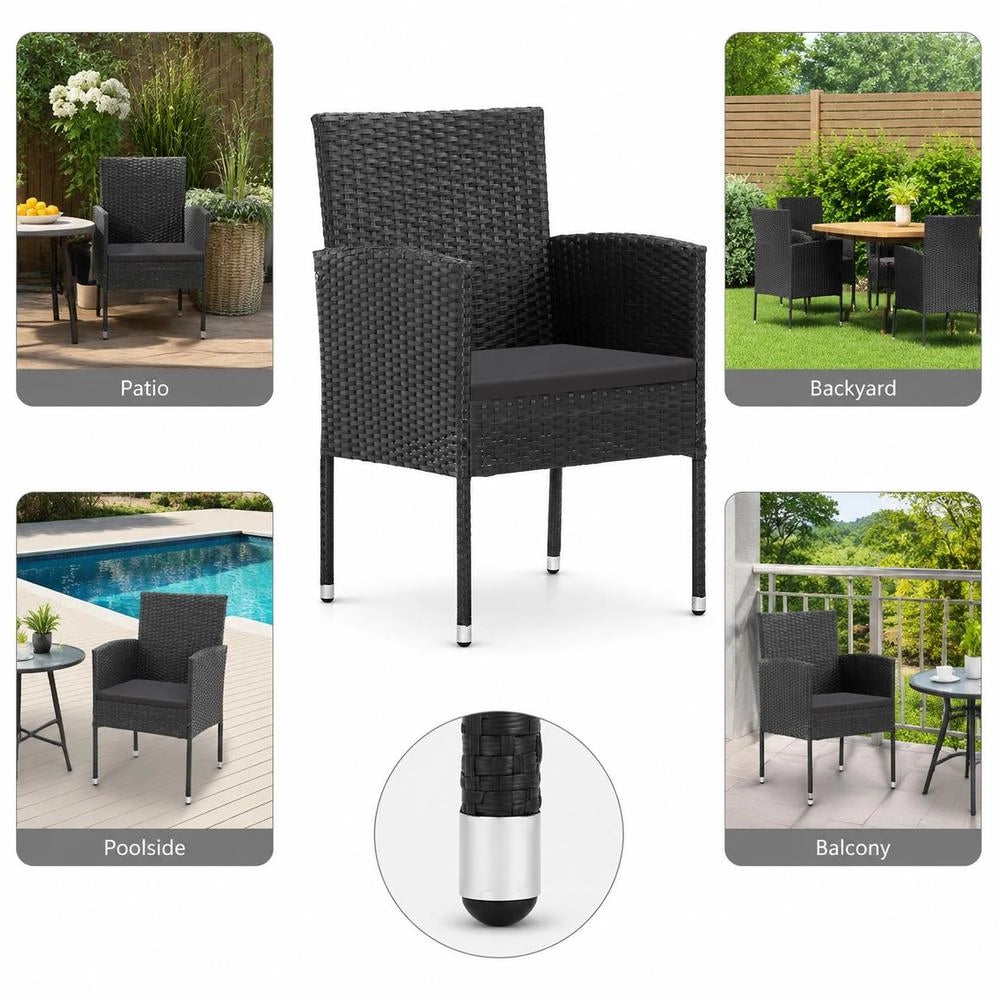 Garden Chairs With Cushions In Black, Set Of 4. Black Polyrattan.