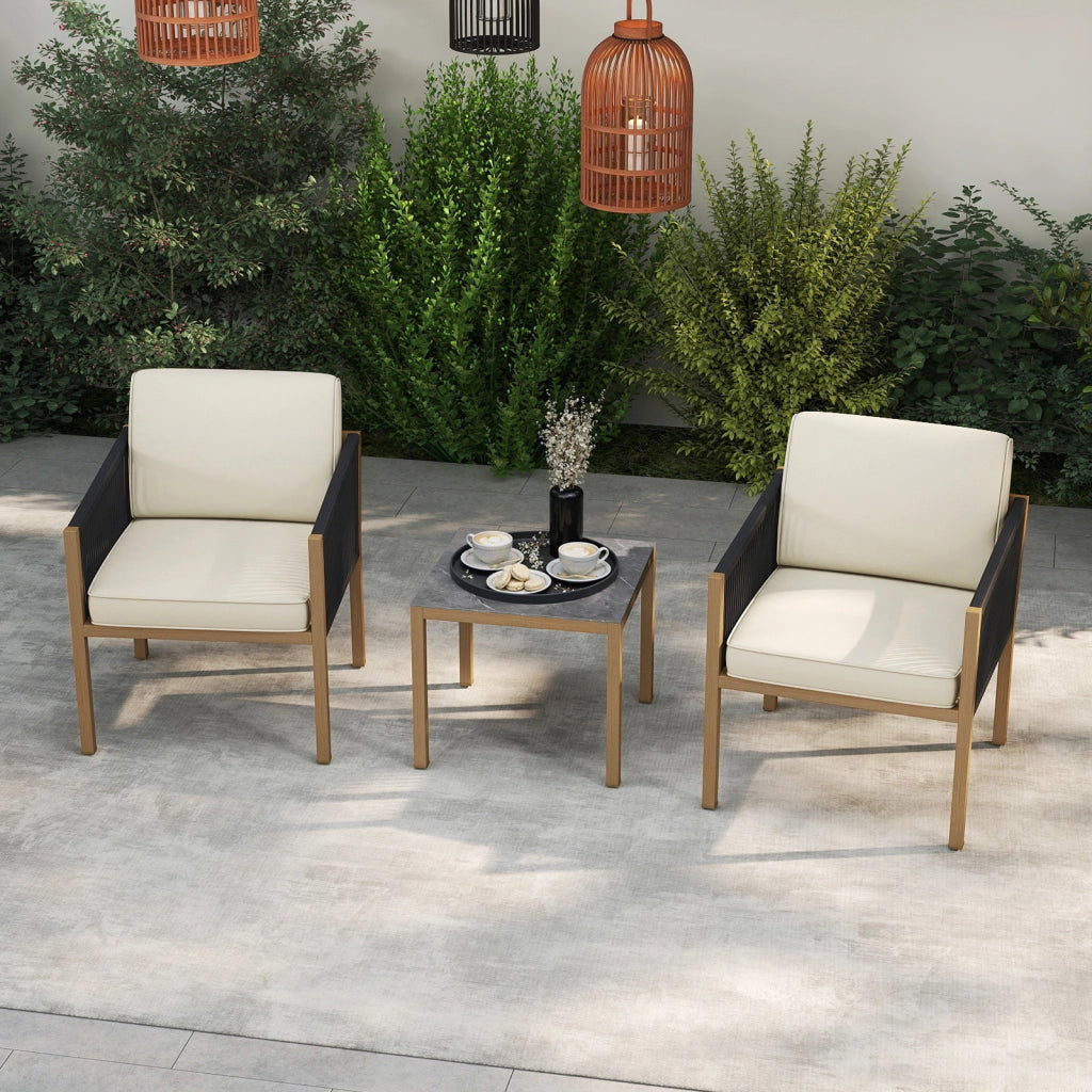 Set bistro da esterno 3 pezzi con corde intrecciate e cuscini, Tavolo e sedie per patio balcone terrazza e giardino Beige