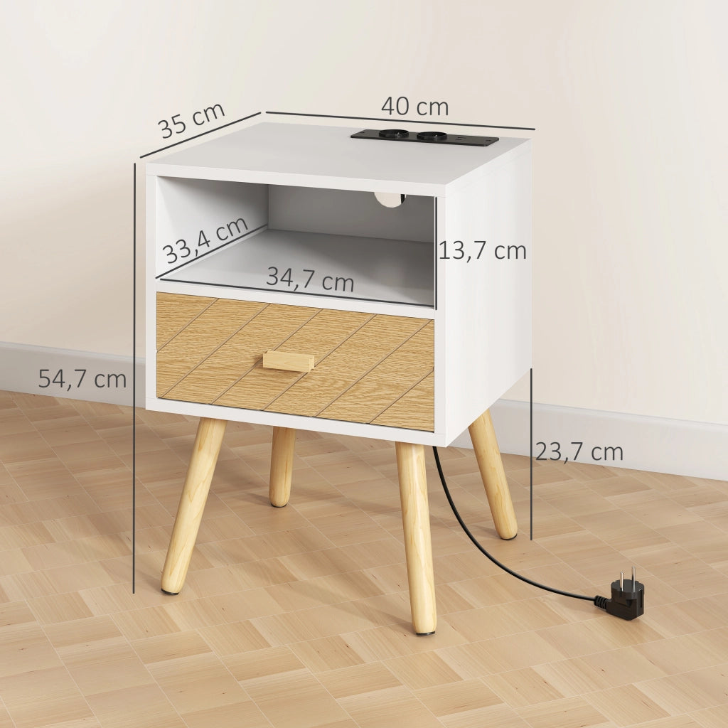 Comodino con stazione di ricarica ¨C Xylo ¨C 2 prese AC, USB-C, cassetto, legno bianco