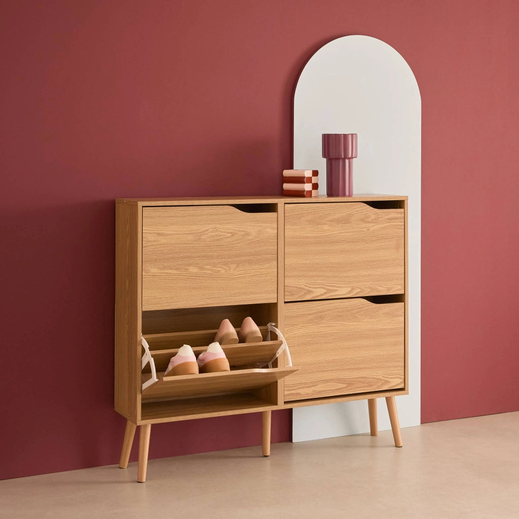 Scarpiera con decoro effetto legno, 4 ante, marrone naturale