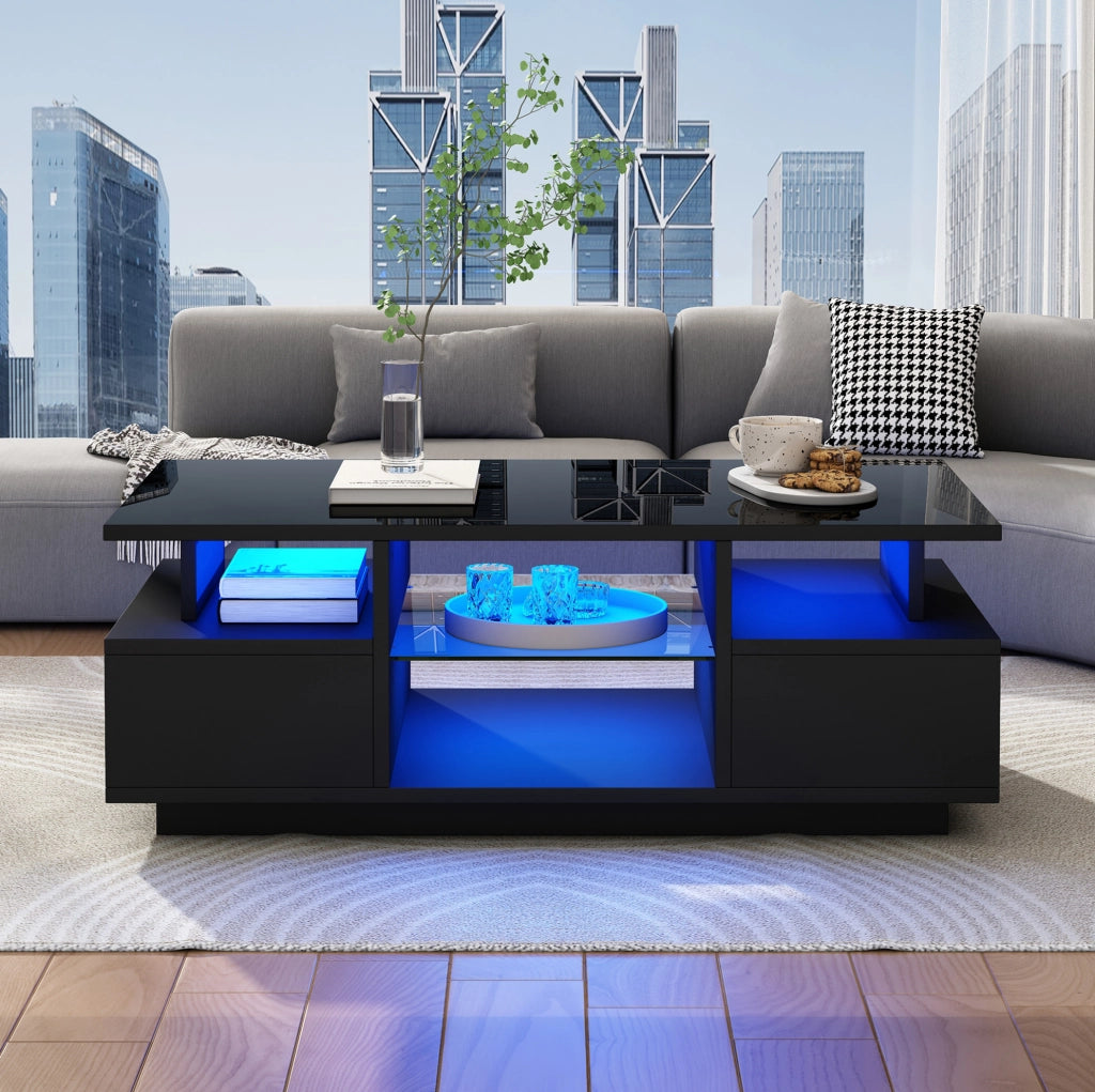 Tavolino da caffè 100x50x36 cm con LED; 2 cassetti e ripiani in vetro; nero lucido