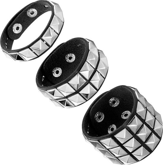 Set di 3 bracciali a chiodo neri in pelle vintage punk - regolabili - feste di Halloween carni val - ragazzi ragazze