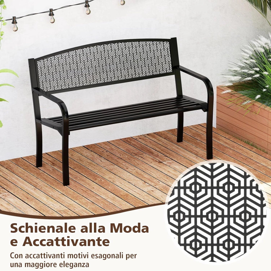Panca da Esterno 2-3 Posti 128 cm, Panca in Metallo con Braccioli Curvi e Schienale alla Moda, Panchina Moderna in Metallo per Parco, Cortile e Giardino (Nero, 128 x 60 x 86.5 cm)