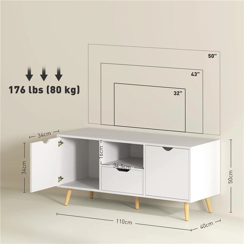 MOBILE PORTA TV MAX 50" CON CASSETTO, RIPIANO APERTO E ARMADIETTI, 110X40X50 CM, BIANCO E LEGNO
