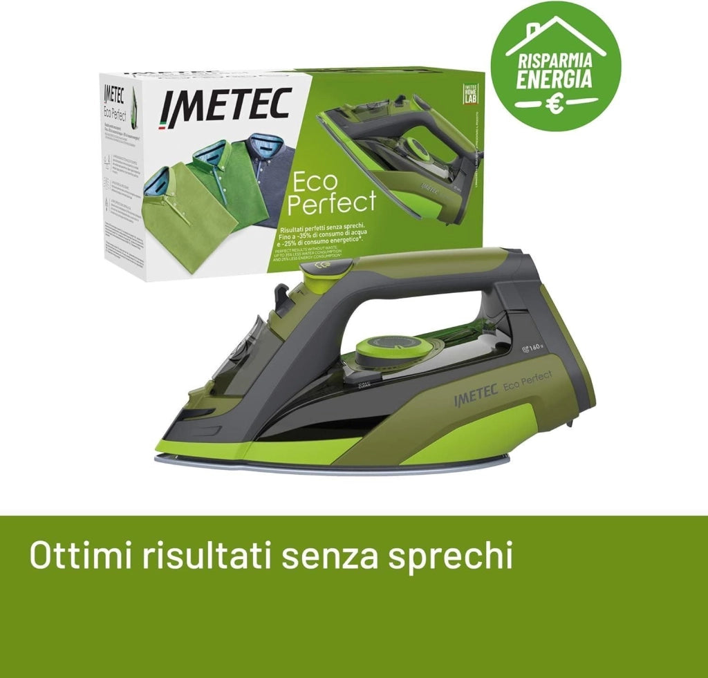 Imetec 9017 Eco Perfect Ferro da Stiro a Vapore 2400W Piastra Pro Ceramic Colpo Vapore 160g Serbatoio 300ml Tripla Protezione Anticalcare colore Verde Grigio