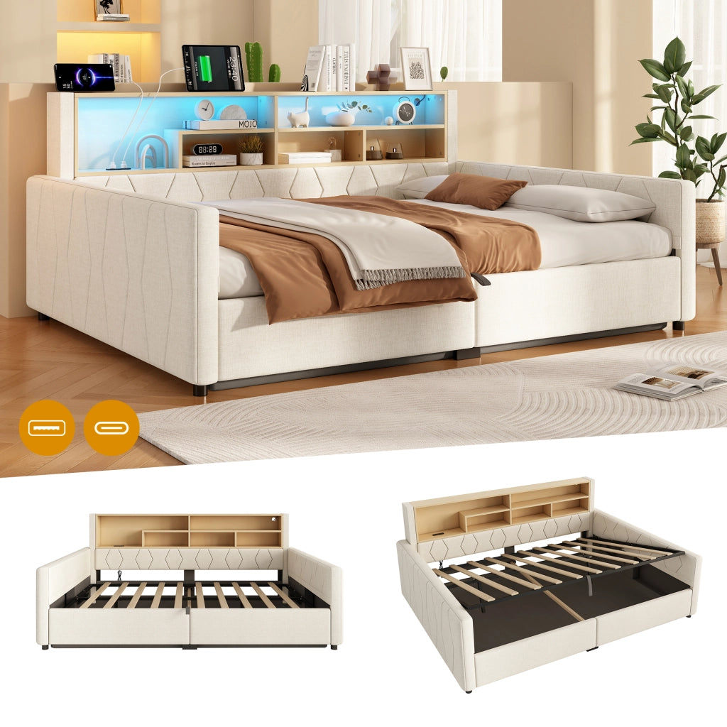 Letto contenitore 140x200 cm beige in lino e MDF con LED e prese USB