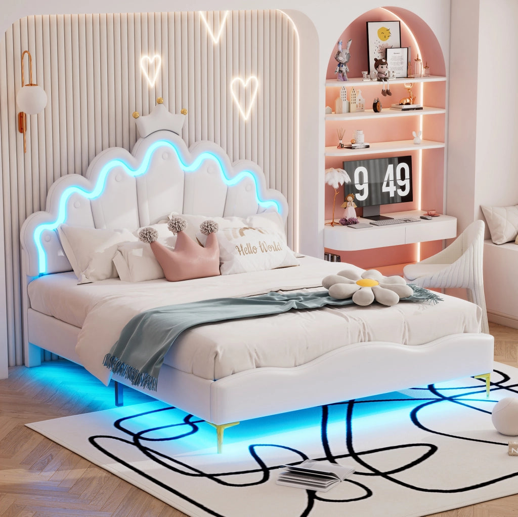 Letto matrimoniale 140x200 cm; testiera a nuvola con corona e LED; PU e MDF; bianco