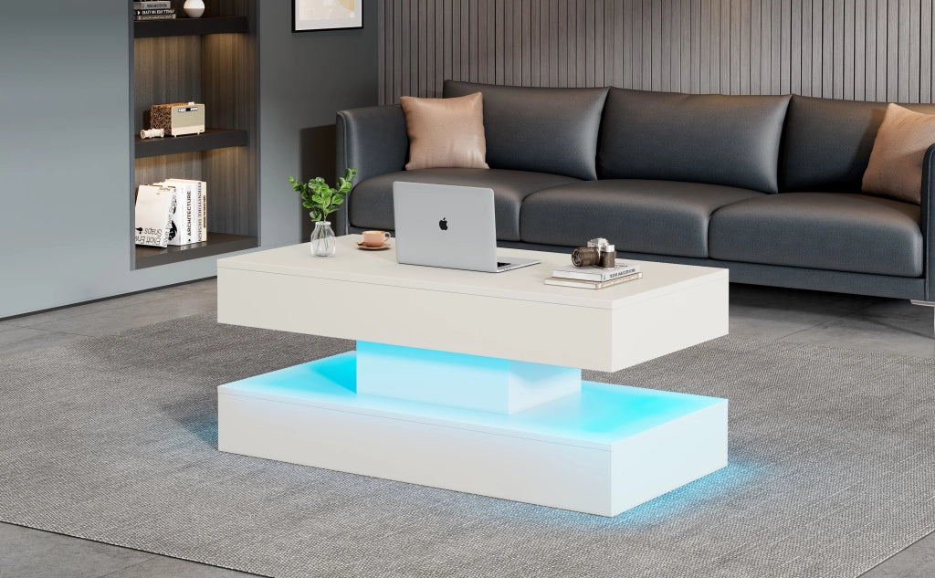 TAVOLO da caffè regolabile 100x50x42 cm bianco con LED, presa EU e vano nascosto