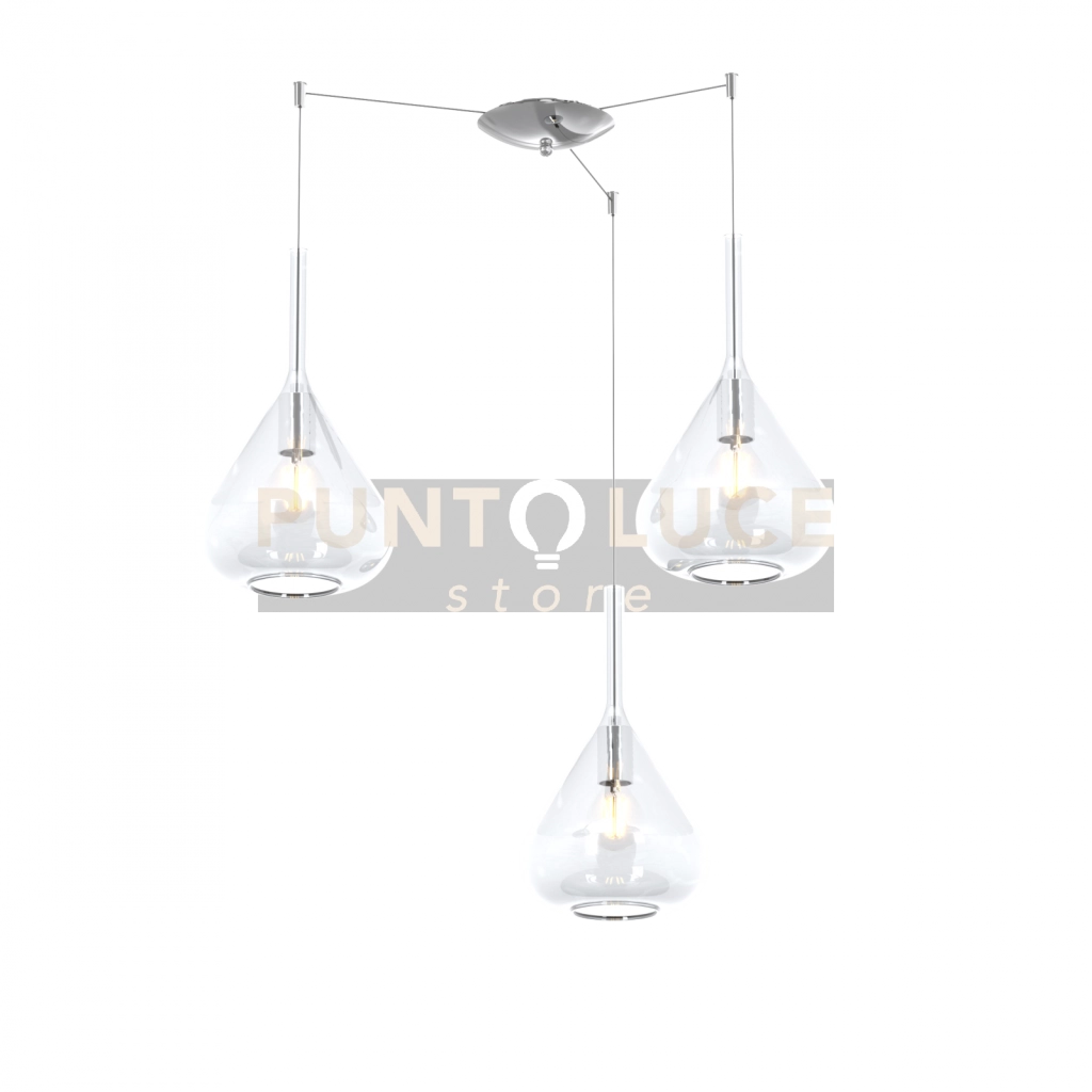 SOSPENSIONE CROMO 3 LUCI SPOSTABILE VETRI TRASPARENTE 1177CR-S3 S-TR