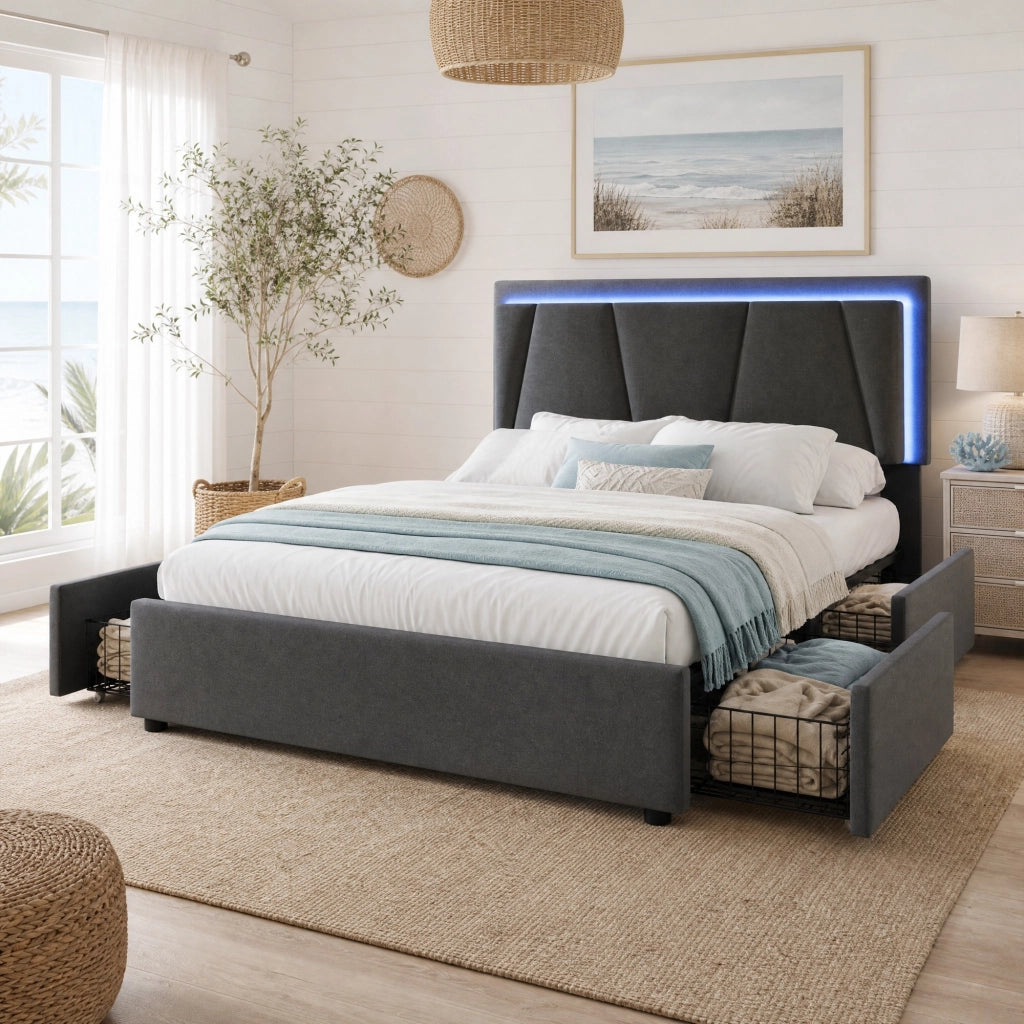 Letto matrimoniale 140x200 cm con LED e 4 cassetti, grigio
