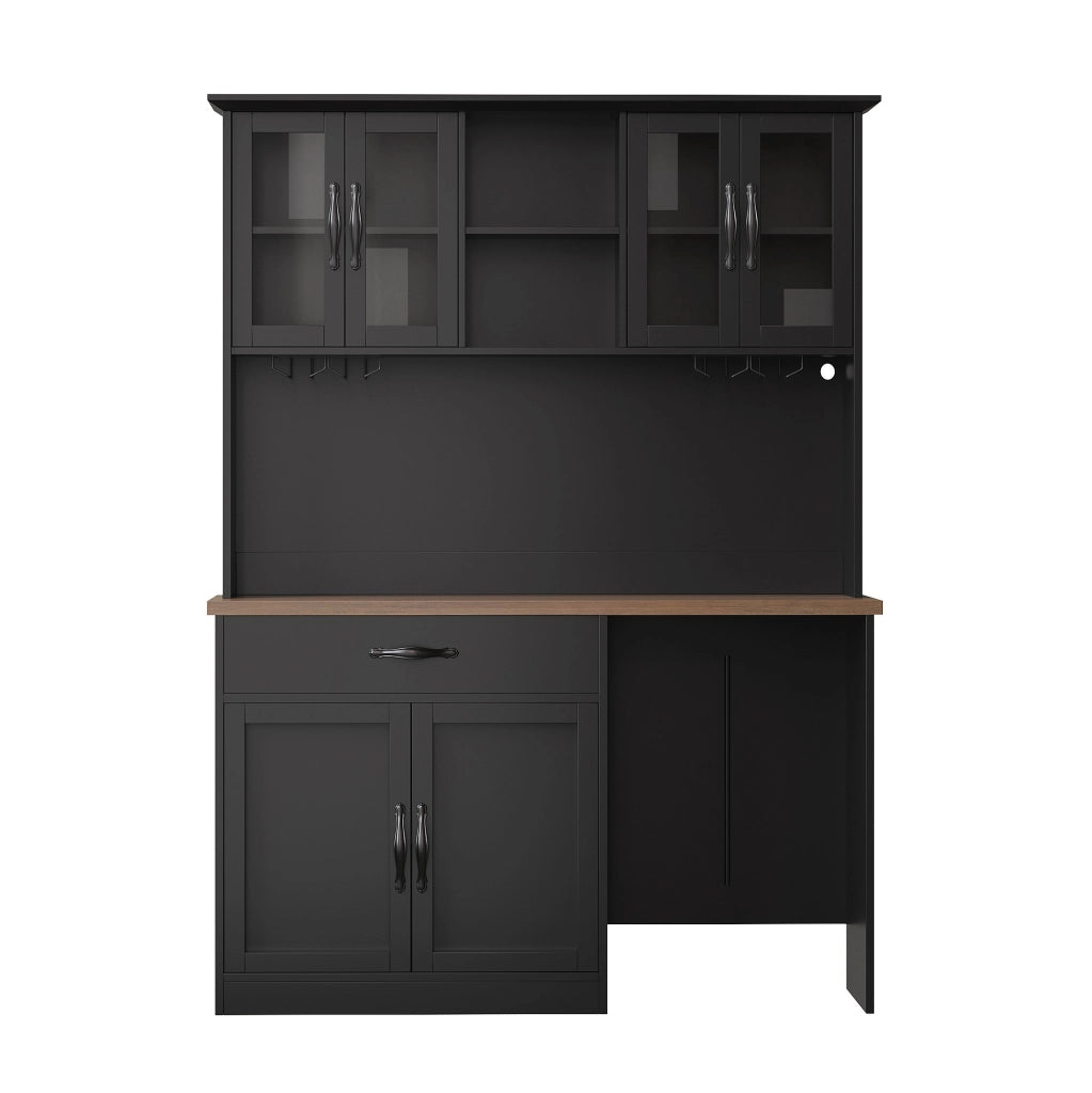 Credenza 140x38x180 cm con carrello estraibile e illuminazione LED dimmerabile; MDF nera
