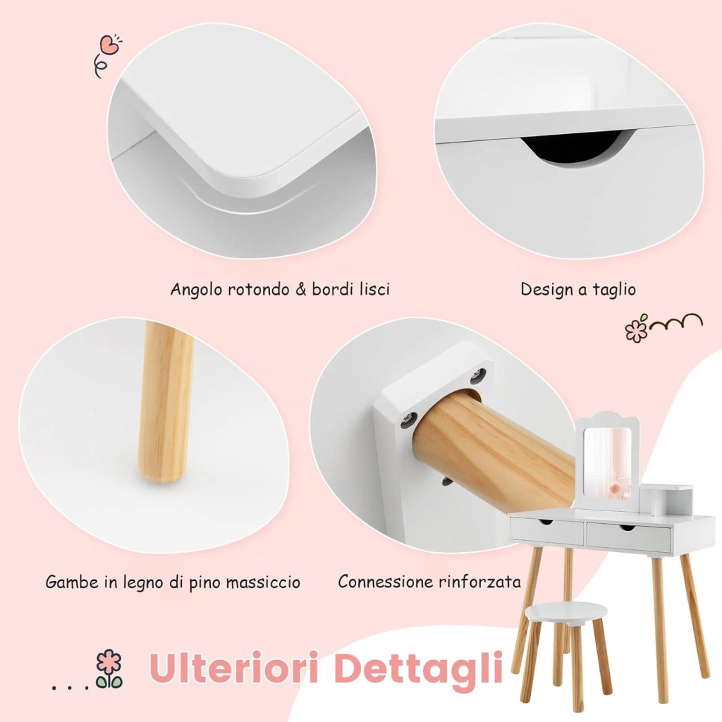 2 in 1 Set Toeletta per Bambini, Postazione Trucco in Legno con Sgabello, Specchio Rettangolare Staccabile e 2 Cassetti Capienti, Ideale per Bambini dai 3 ai 7 Anni, 70 x 37 x 100 cm