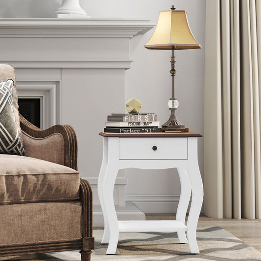 Comodino in Stile Francese con Cassetto 45x35x55 cm in MDF Bianco e Rovere