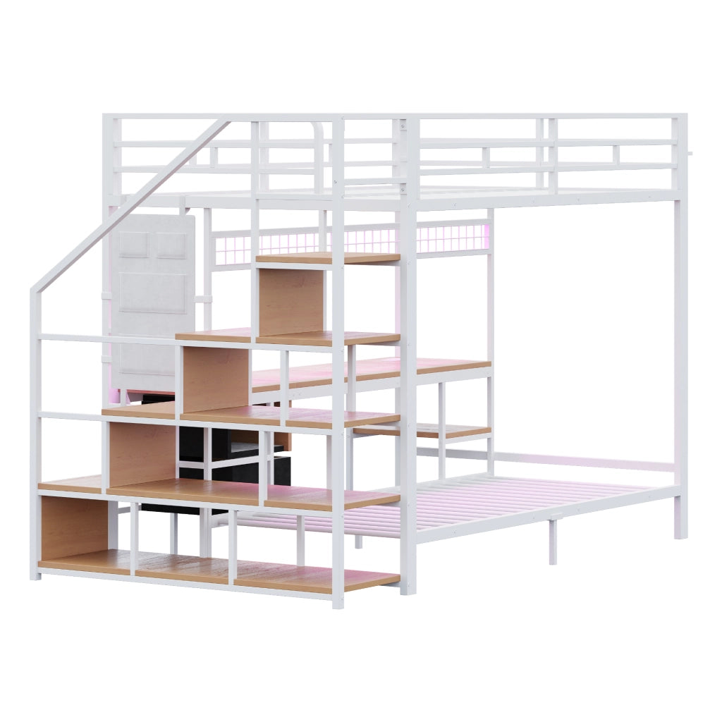 DESMIU Letto a soppalco 2 posti con scrivania, LED, prese, vano portaoggetti e 2 cassetti 140 × 200 e 90 × 200 cm senza materasso