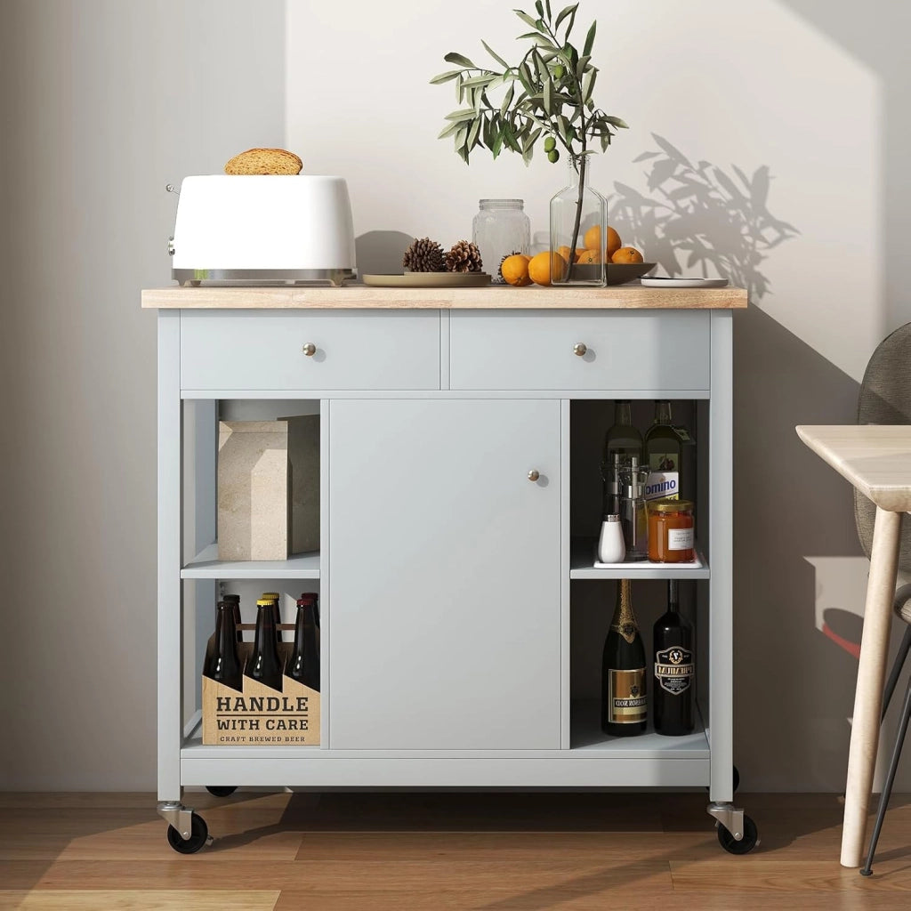 Carrello da cucina con ruote, isola da cucina con piano di lavoro, carrello da portata con ripiani regolabili, carrello da cucina, mobile da cucina con 2 cassetti e porta, trolley da cucina