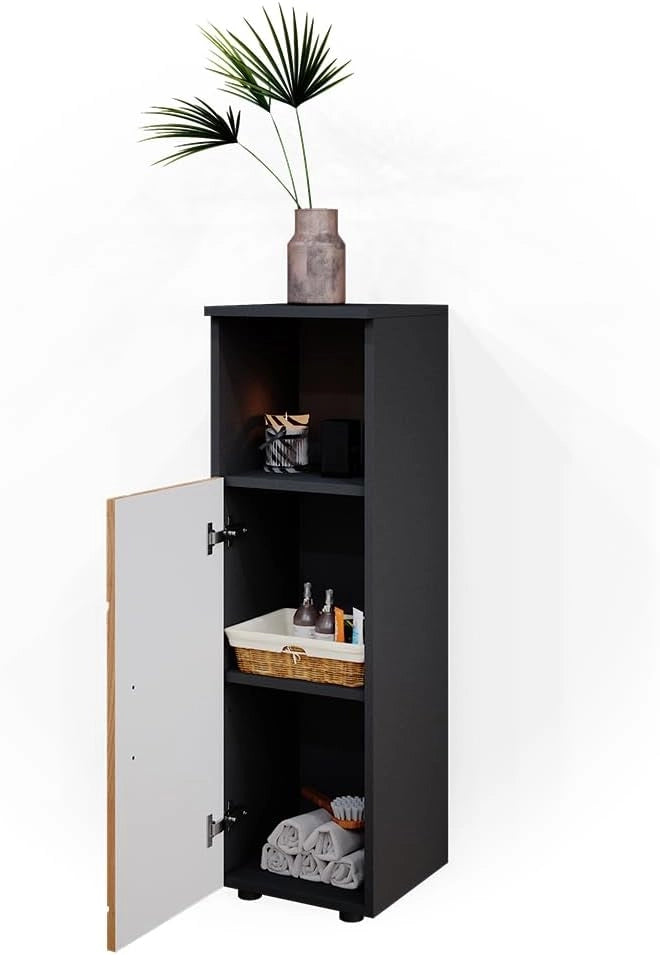 Mobiletto bagno Irma, Quercia dorata/antracite, 30 x 95 cm, per la conservazione di accessori da bagno e combinabile con Irma