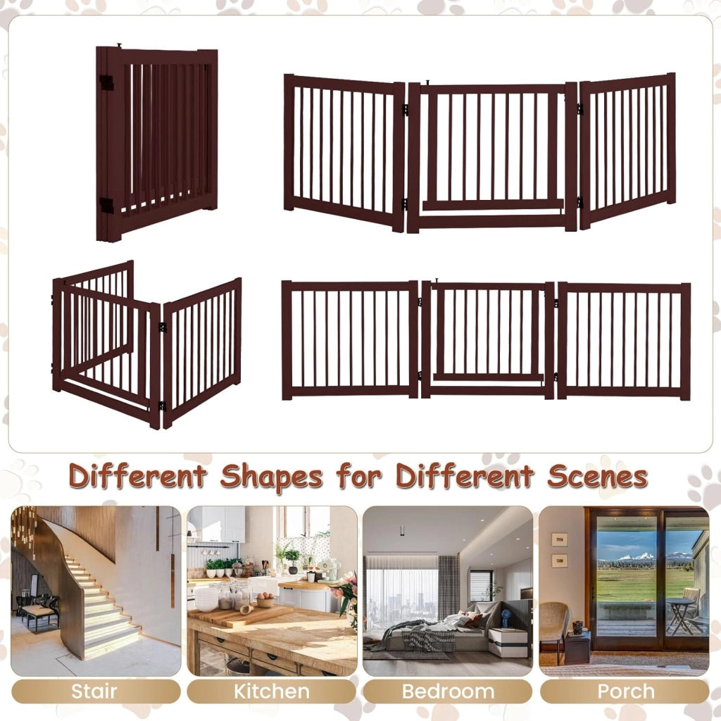 Cancelletto per Cani Pieghevoli 210 x 61 cm, Barriera per Cani in Legno a 3 Pannelli con Porta a Serratura, Recinzione per Scale, Ingressi e Corridoi (Marrone)