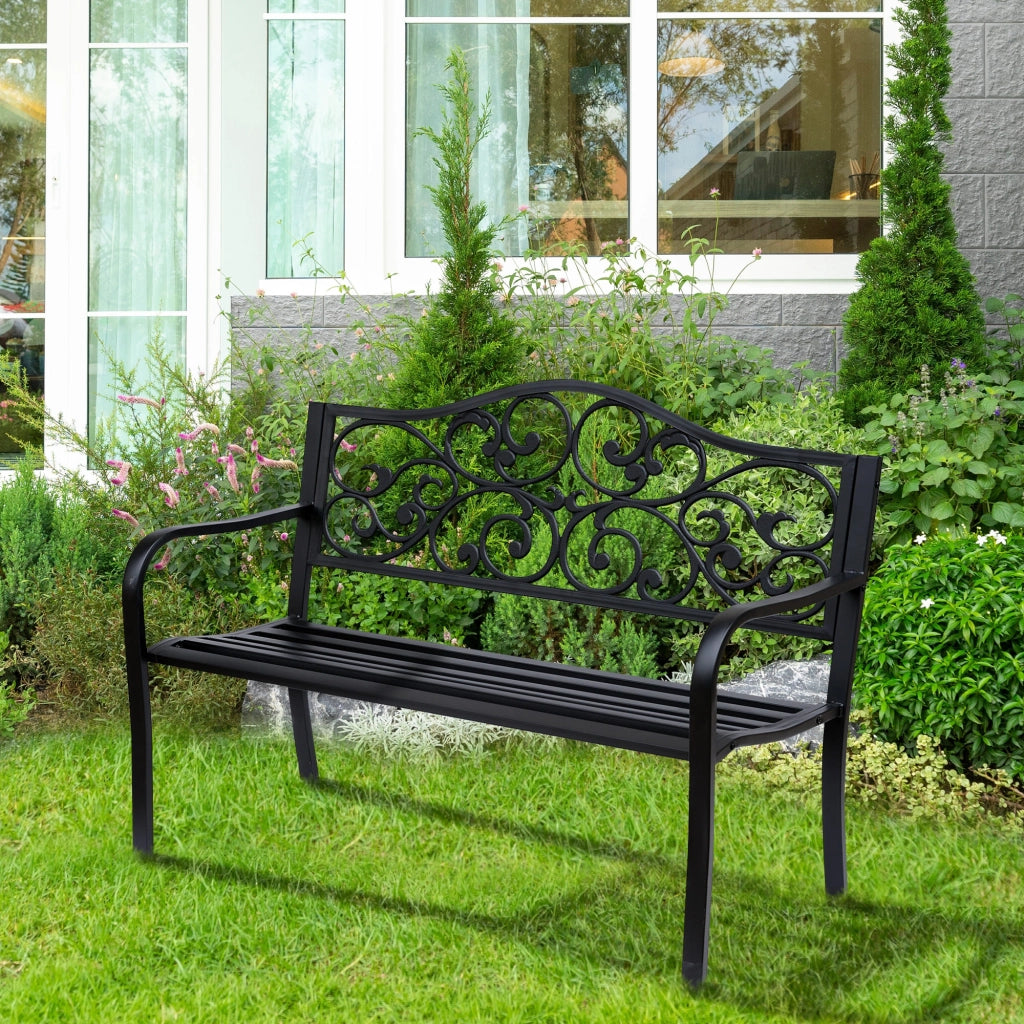 Panchina da giardino 3 posti in acciaio nero con braccioli in ghisa