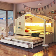 Letto Bambini a Casetta con Letto Estraibile ¨C Xylo ¨C Bianco, LED, USB, Cassetti, 90x200