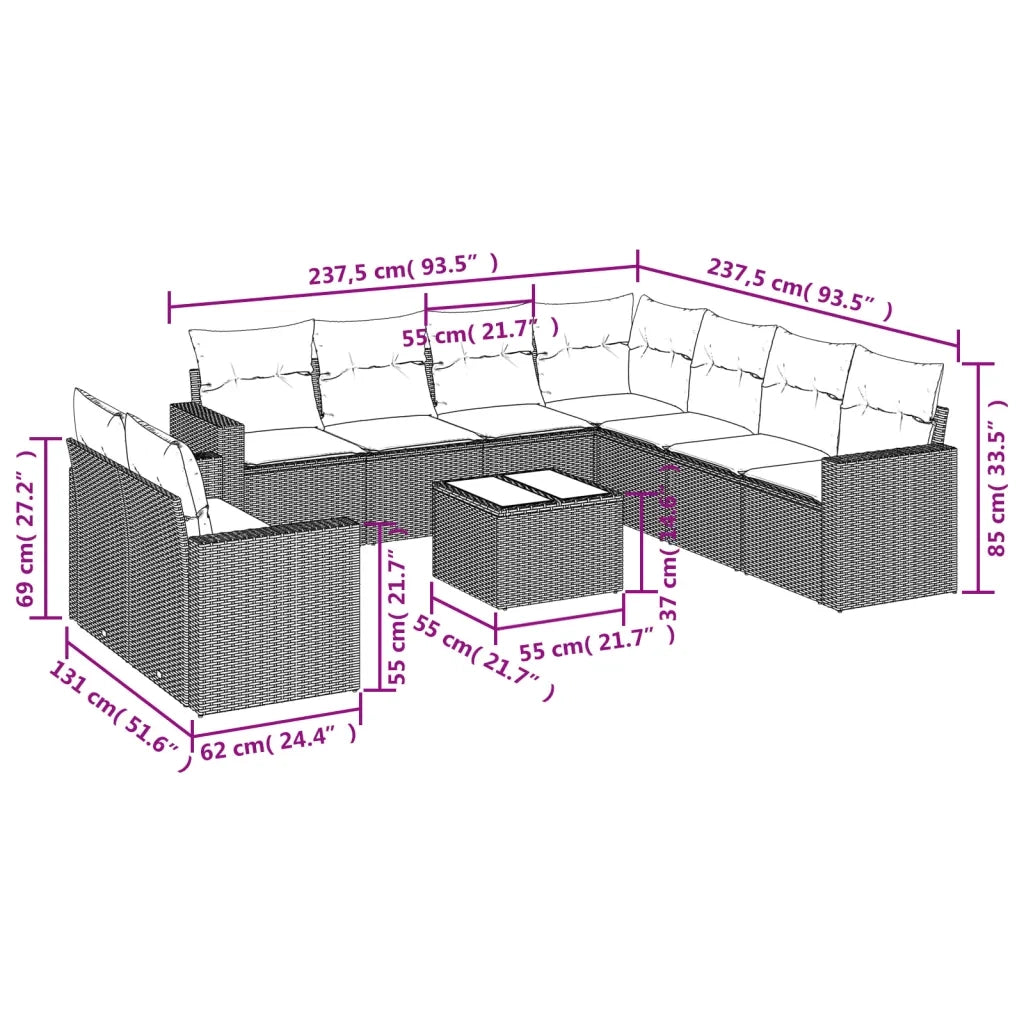 Set Divano da Giardino 10 pz con Cuscini Grigio in Polyrattan 3219150