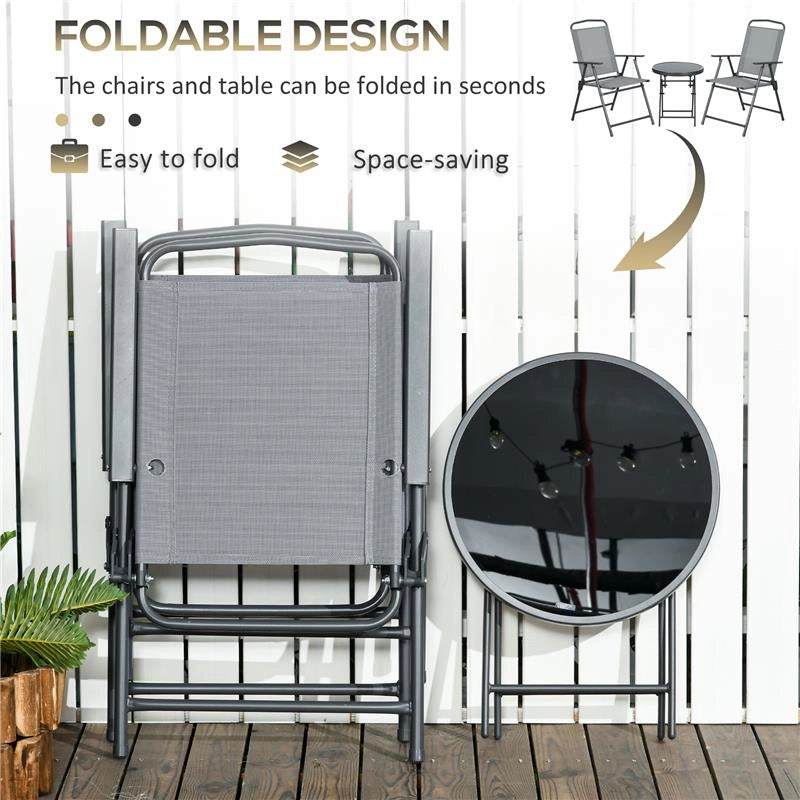 SET DA GIARDINO 3 PEZZI CON 2 SEDIE 53.5X64X93 CM E TAVOLINO DA CAFFÈ Ø45X50 CM, IN METALLO, GRIGIO CHIARO