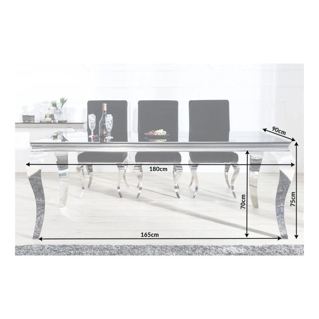 Tavolo da pranzo VELENA 180 cm – Piano in vetro nero e struttura in acciaio argentato lucido