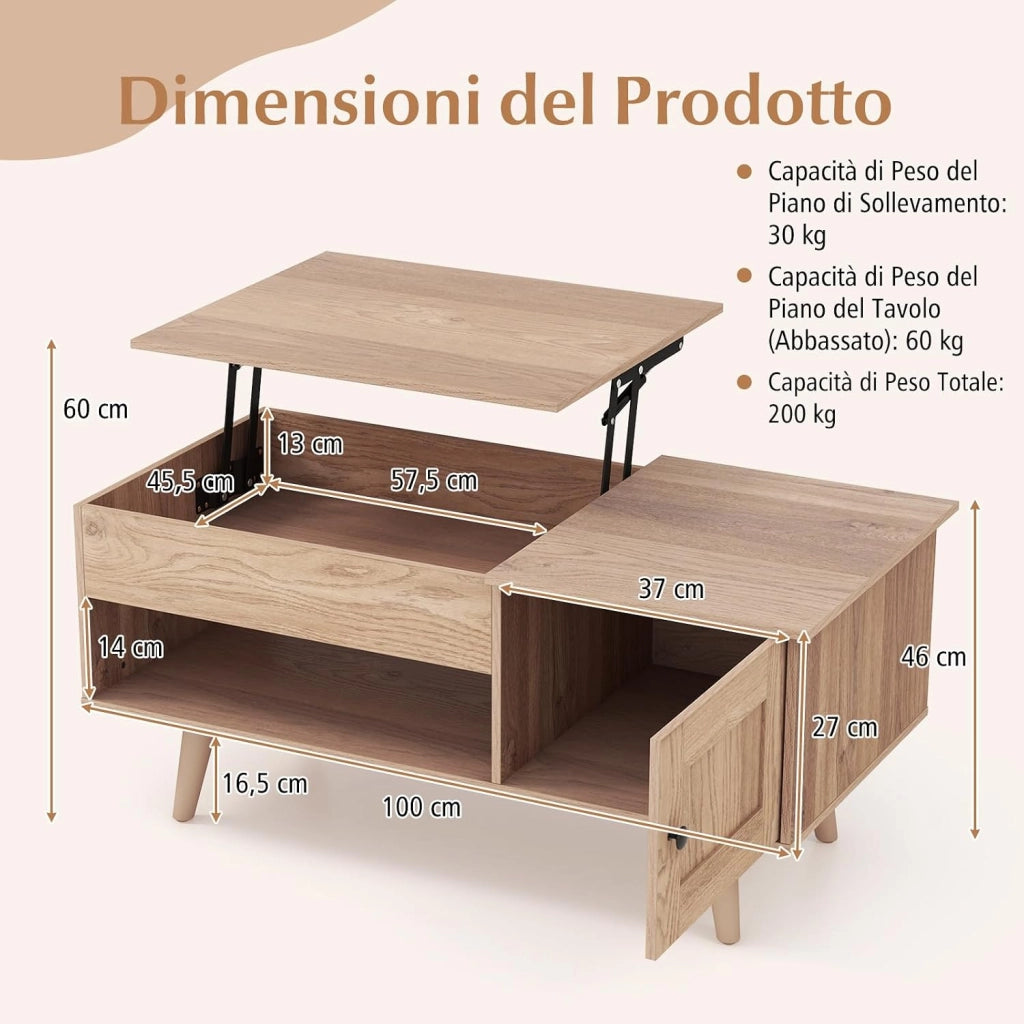 Tavolino da Caffè con Piano Sollevabile e Ripostiglio, Tavolino da Salotto con Armadietto, Comparto Nascosto e Mensola Aperta, Tavolino da Studio e Ufficio, 100 x 50 x 46 cm (Legno)