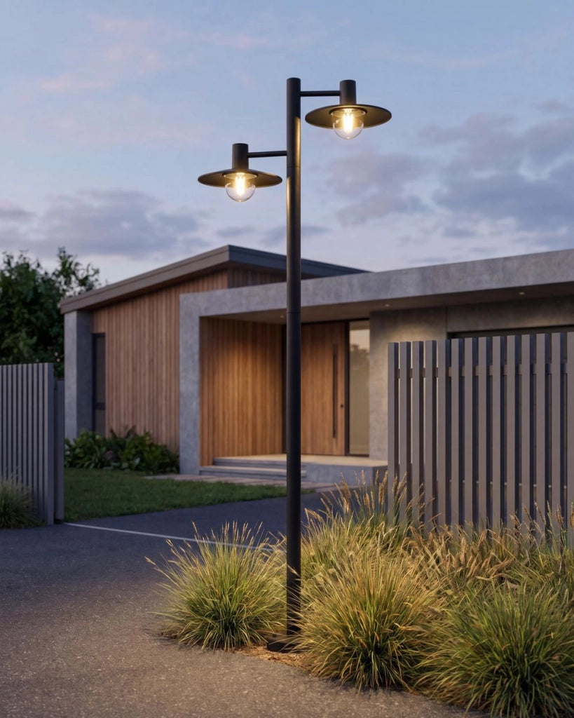 Lampione a 2 luci, lampada da sentiero nera, alluminio, paralume sintetico, illuminazione, design moderno, da esterno, da giardino