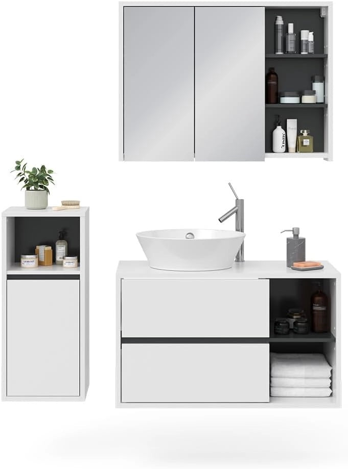 Set mobili bagno Viola, Bianco, 100 cm, composto da mobile sottolavabo, specchiera e mobile medio