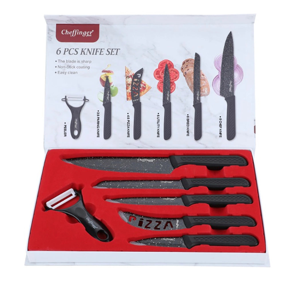 Set di 6 Coltelli con Pelapatate e Coltello per Pizza Antiaderente Nero Cheffinger