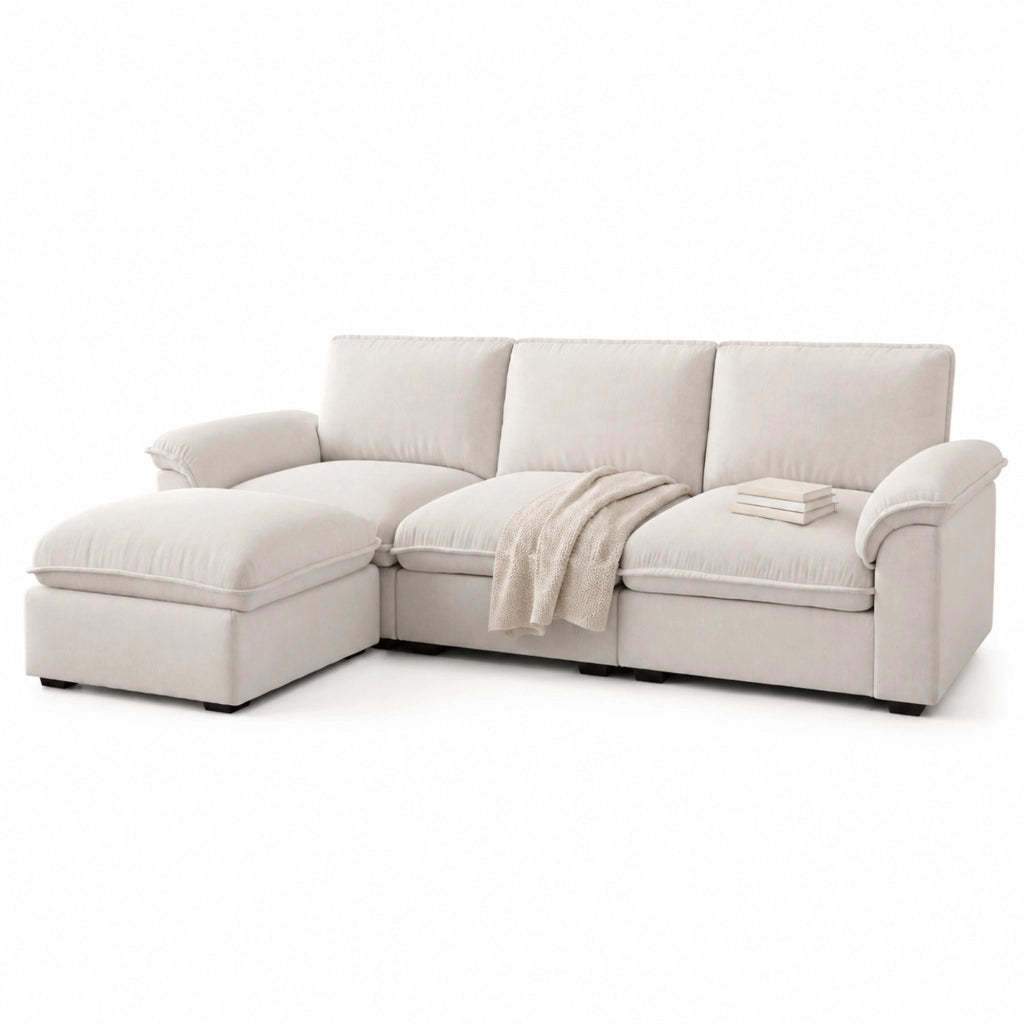 Divano modulare a L 260x154 cm beige in chenille con ottomana mobile