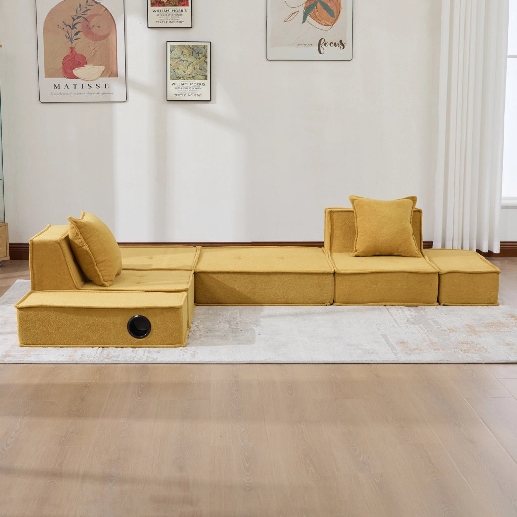 Pouf divano modulare in ciniglia giallo senape 162x78x66 cm con 2 cuscini e tasche laterali