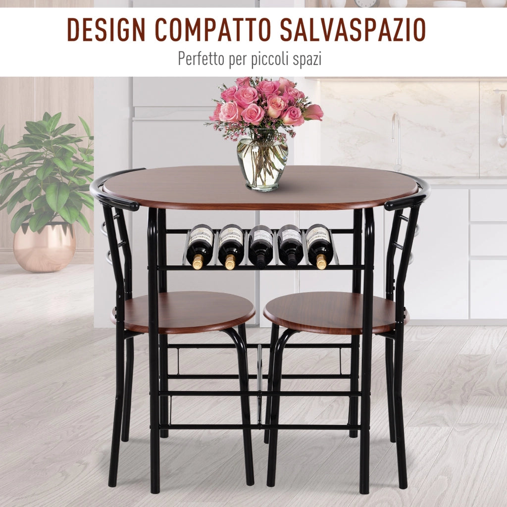 EasyComfort Set Tavolo Moderno con 2 Sedie per Sala da Pranzo, Set 3 Pezzi Mobili Salvaspazio da Cucina, Balcone, Ristorante o Bar, Marrone e Nero