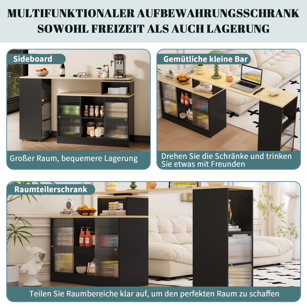 OKWISH Tavolo bar allungabile con 2 livelli di contenimento, 3 vani aperti e ante scorrevoli, girevole per cucina