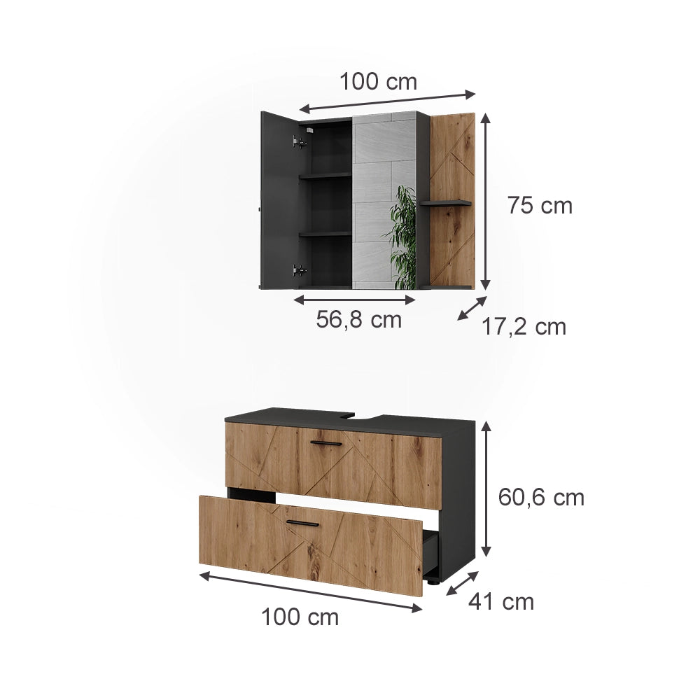 Set di mobili da bagno Irma Antracite/Rovere dorato 2 parti Vicco