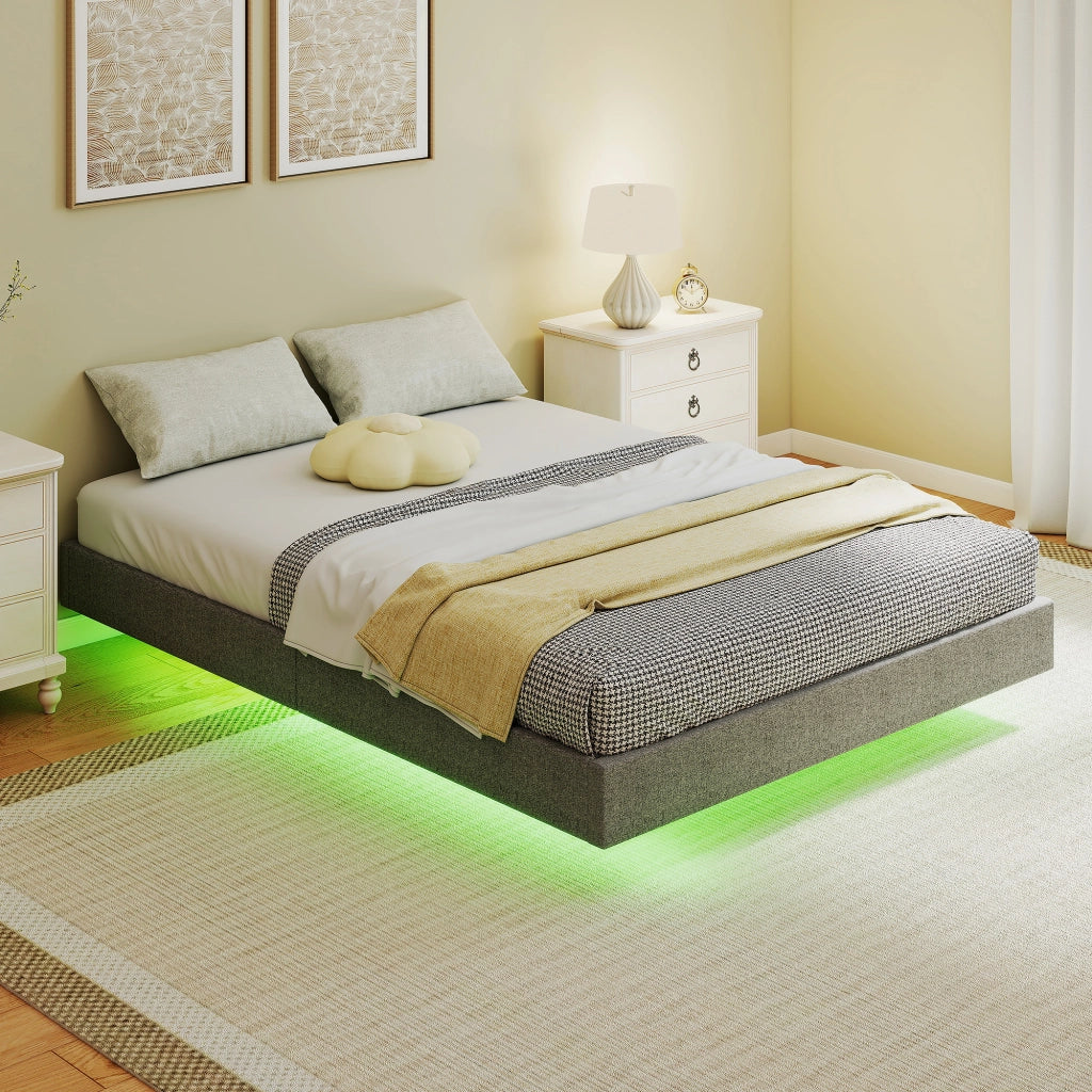 Letto Imbottito con Luci LED e Struttura in Legno ¨C Zephmum ¨C Grigio 140x190 cm
