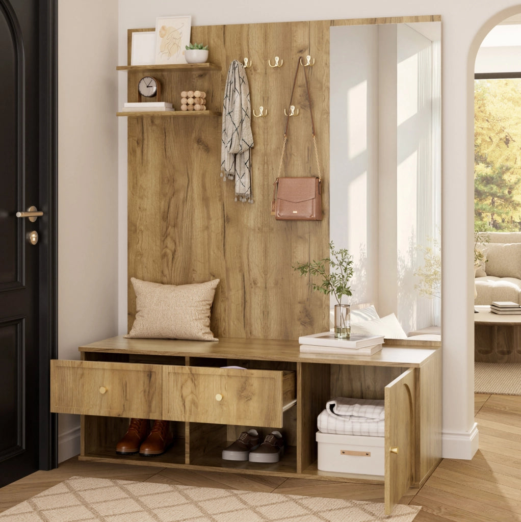 Set guardaroba multifunzione da ingresso con specchio e 5 ganci