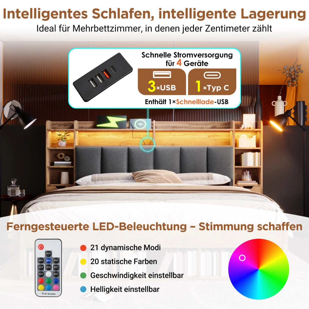 Letto contenitore matrimoniale 160 × 200 cm con LED, USB e Type-C, cassetti, senza materasso, rovere