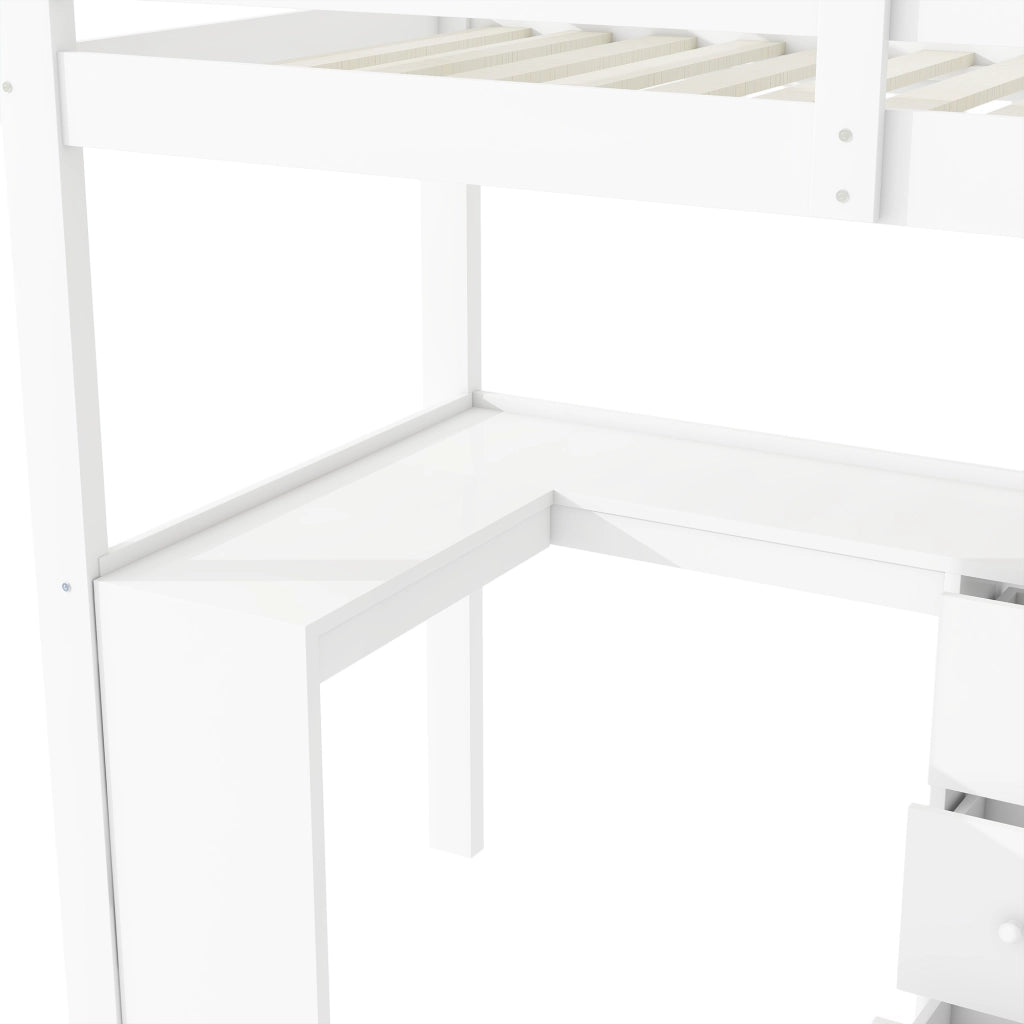Letto a Soppalco 90 x 200 cm; Letto Singolo con Scrivania; Scala Contenitore; Cassetti e Ripiani; senza Materasso
