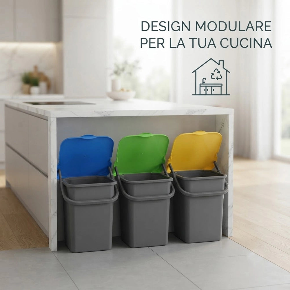Set 3 Pattumiere Bidoni 32x29x46,5cm Premi Plus 24L Apertura Push Raccolta Differenziata in Plastica Grigio