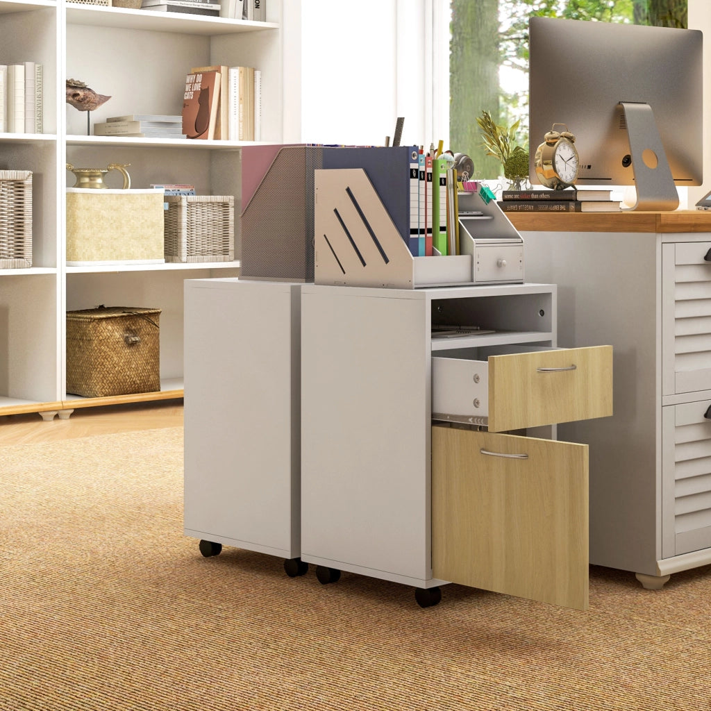 Cassettiera con Anta e Ruote per Ufficio ¨C zephmum ¨C Bianco e Naturale 40x35x60 cm