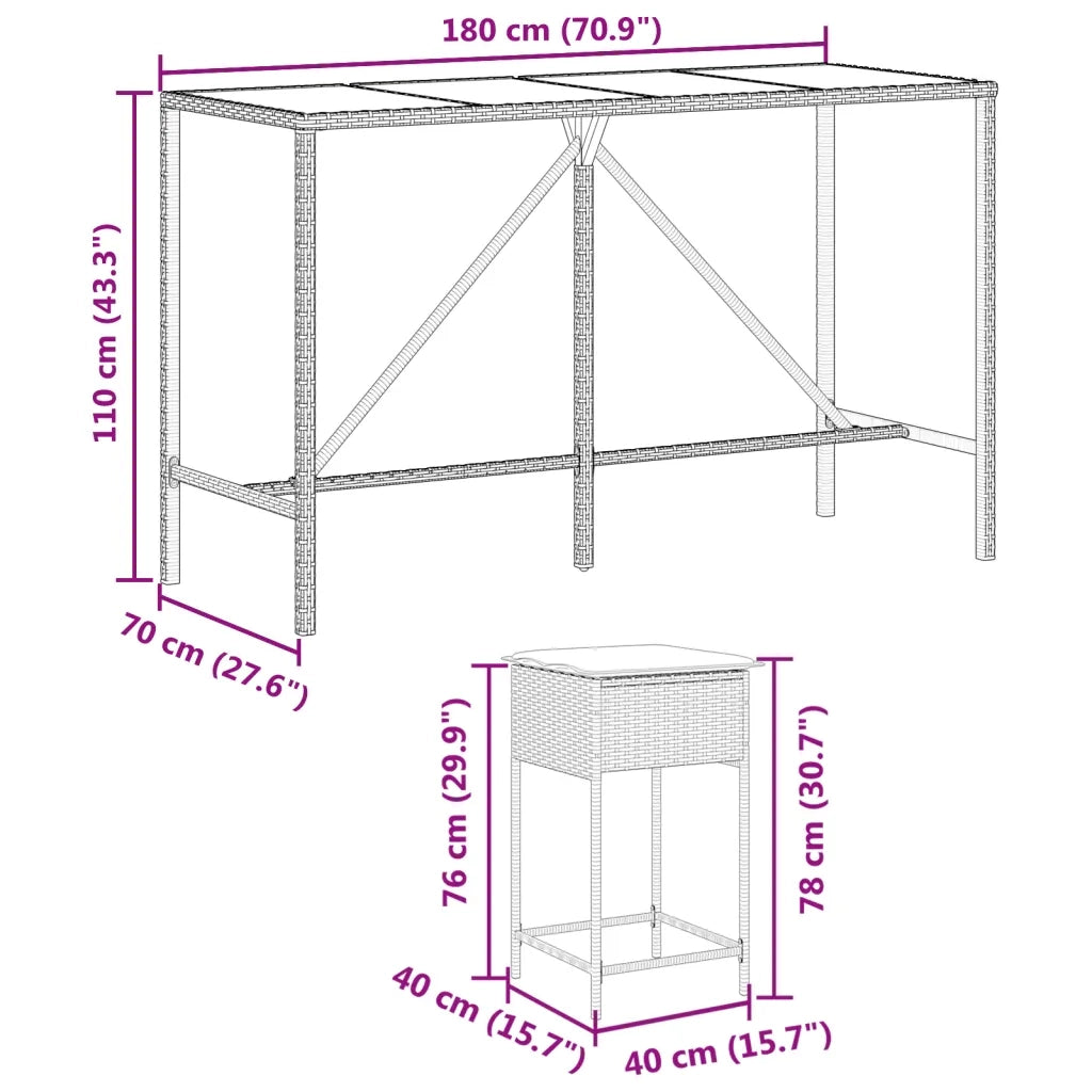vidaXL Set Bar da Giardino 9 pz con Cuscini in Polyrattan Marrone