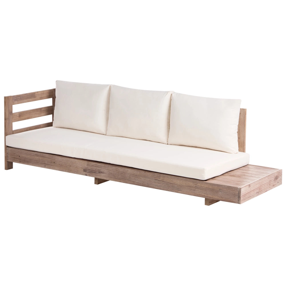 Set divano angolare da esterno in legno di acacia chiaro certificato cuscini bianchi set da salotto a 5 posti a destra e tavolino