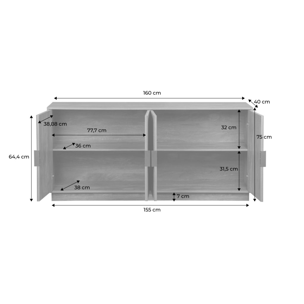Credenza esotica effetto legno di mango a 4 ante, 160cm
