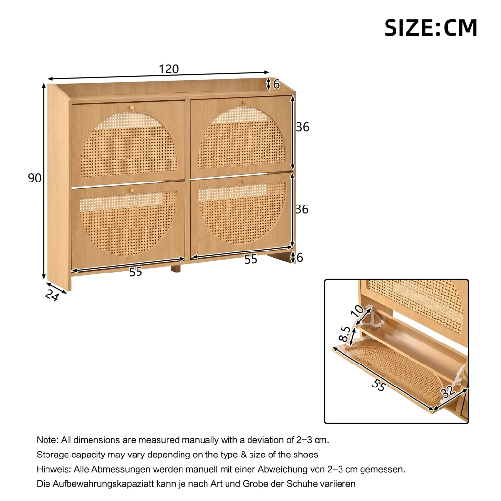 Scarpiera con 4 ante ribaltabili 8 vani e 2 ganci per ingresso in MDF finitura naturale moderna 120 × 24 × 90 cm